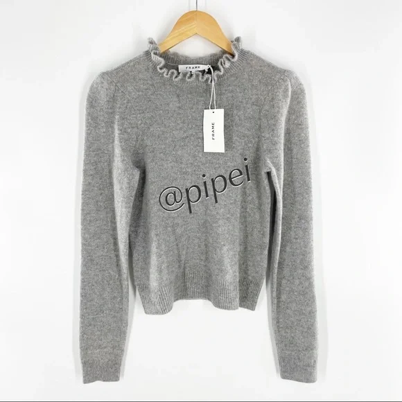 SOLD - NWT Frame Josefine Ruffle Neck Puff Sleeve Cashmere Sweater in Grey S - Picture 5 of 14